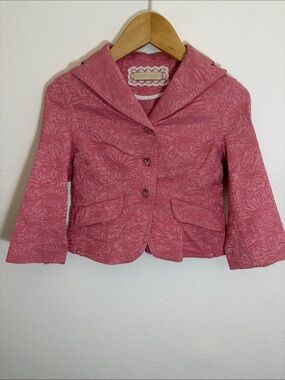 Pinco Pallino Pink Textured Floral Button Blazer Jacket